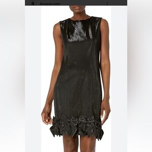 LM Jewel neck sleeveless shiny scuba sheath dress with bow trim hem SIZE 8